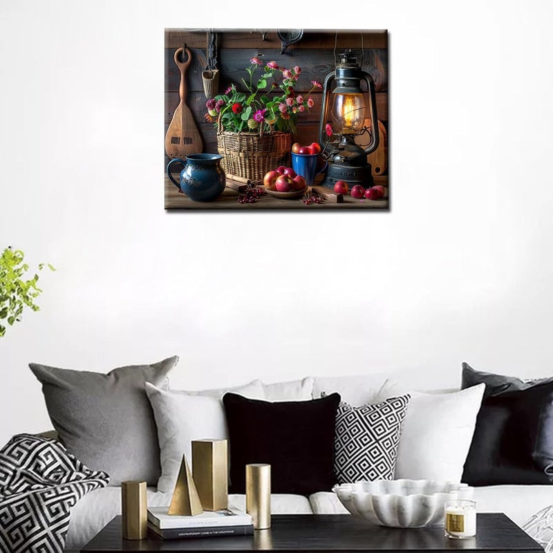 Aihonmin Rustic Style DIY Oil Painting on Canvas 16x20 Inch Paint by Numbers for Adults Kids Flower Oil Lamp and Apple Acrylic Pigment Watercolor Paint Kits Retro European Style Home Wall Decor(Frameless) - Image 4